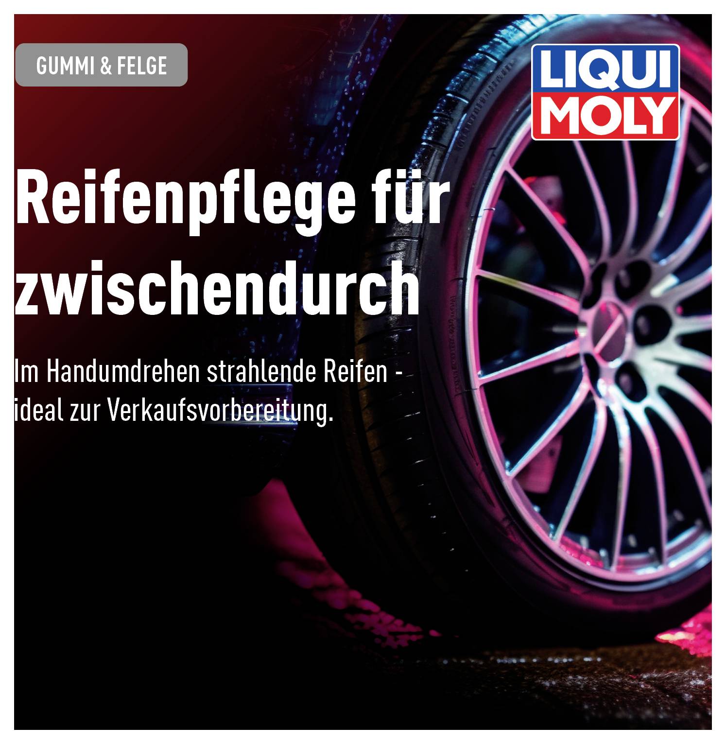 Starostlivosť o pneumatiky na cestách" s obrázkom lesklej pneumatiky automobilu v noci. Text zdôrazňuje rýchlu aplikáciu a ideálne použitie pred predajom.