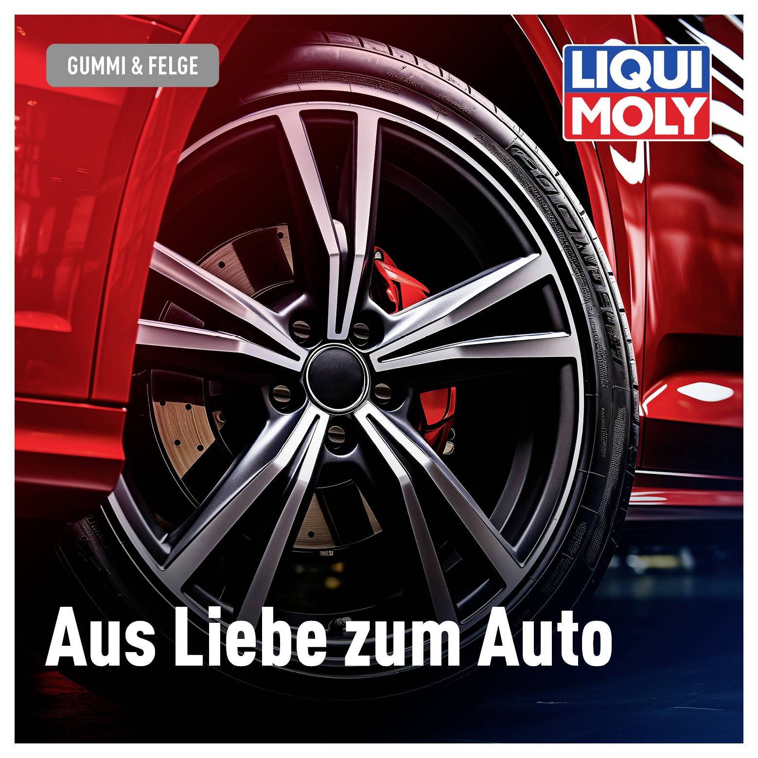 Detailný záber pneumatiky a ráfika automobilu, s červeným autom v pozadí. Logo Liqui Moly v pravom hornom rohu, text 'Z lásky k autu'.