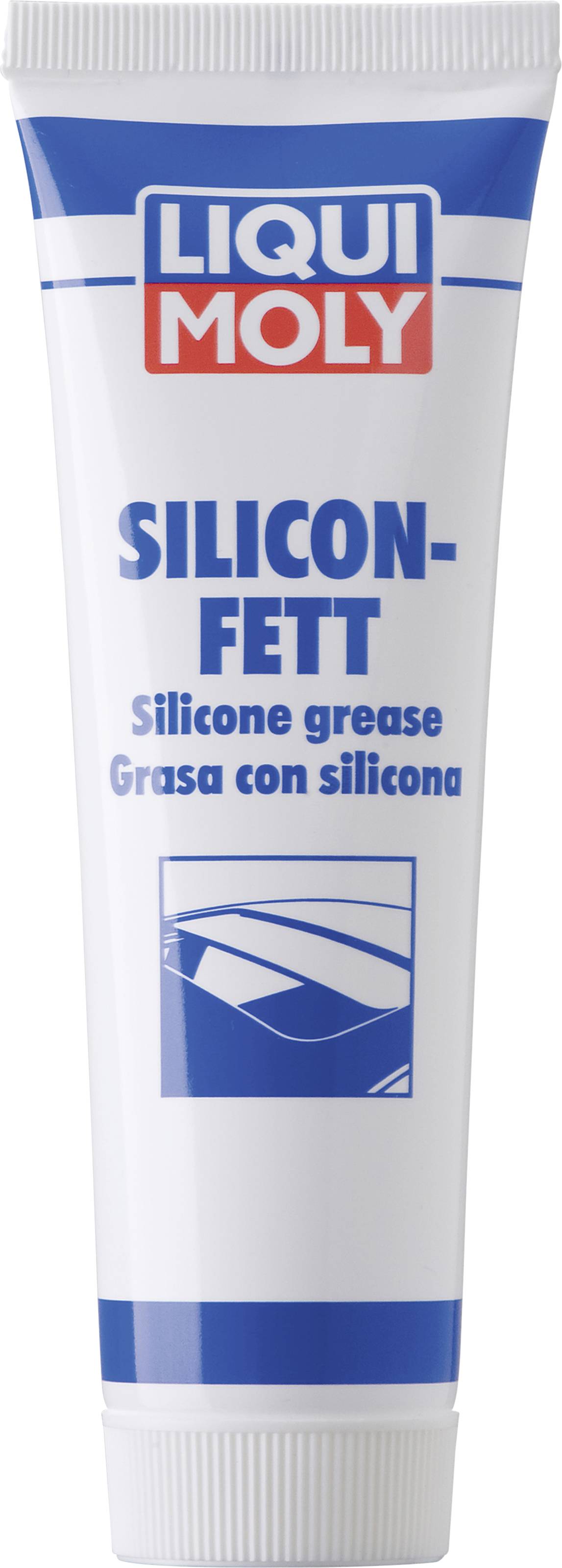 Tubus s označením "Liqui Moly Silicone Grease" v modrom a červenom texte, používaný na mazanie v rôznych aplikáciách.