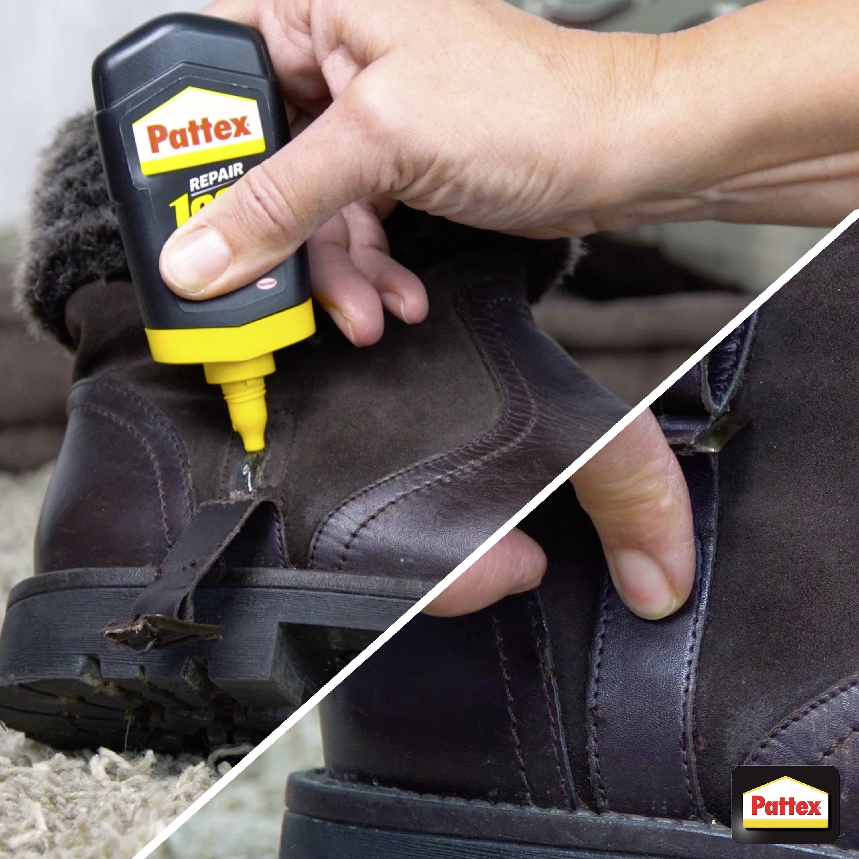 Ruka nanáša lepidlo 'Pattex Repair' na čiernu topánku s odlepenou podrážkou, čím ilustruje opravu topánok pomocou tohto produktu.