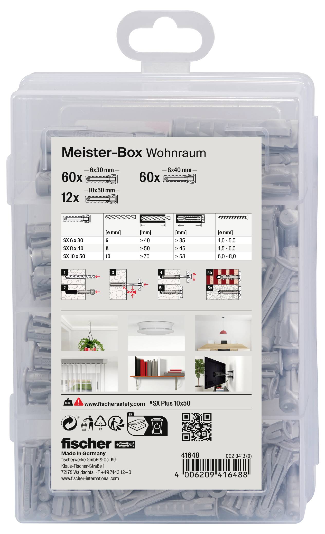 Meister-Box obytný priestor s 60 hmoždinkami (Ø 6x30 mm) a 60 skrutkami (3,5x38 mm), vrátane montážneho návodu a príkladov použitia.