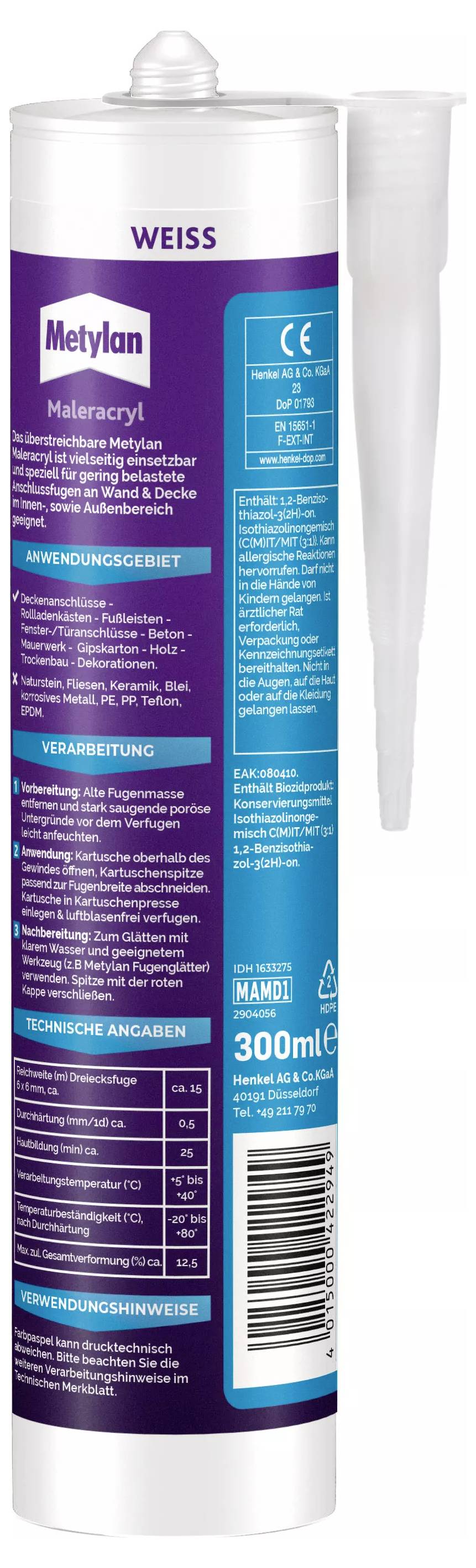 Kartuša s maliarske akrylom 'Metylan', farba 'Biela', 300 ml. Obsahuje informácie o použití, spracovaní a technických údajoch.