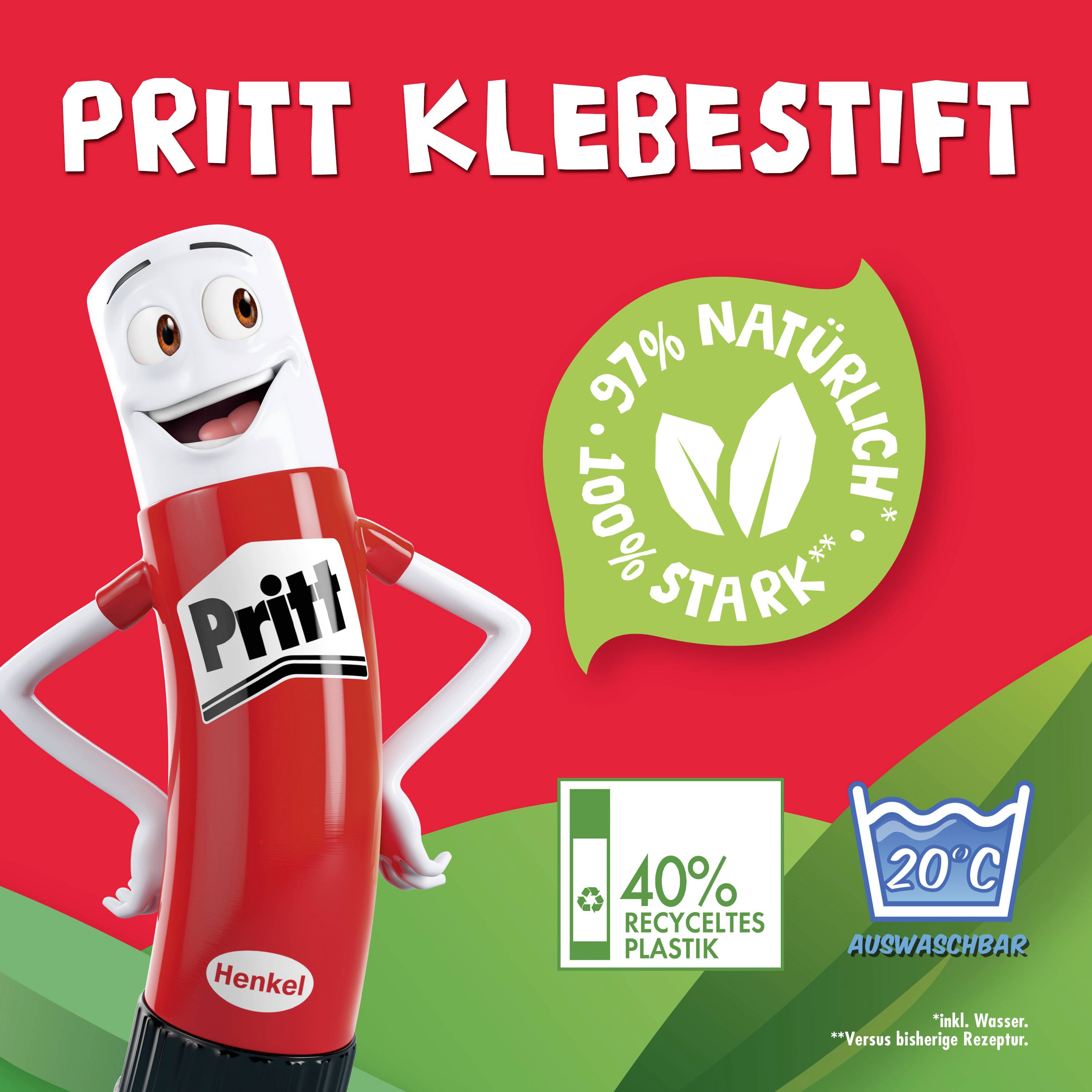 Pritt tyčinka na lepenie s tvárou, text '97% prírodné' a '40% recyklovaného plastu', plus symboly pre ekologickosť.