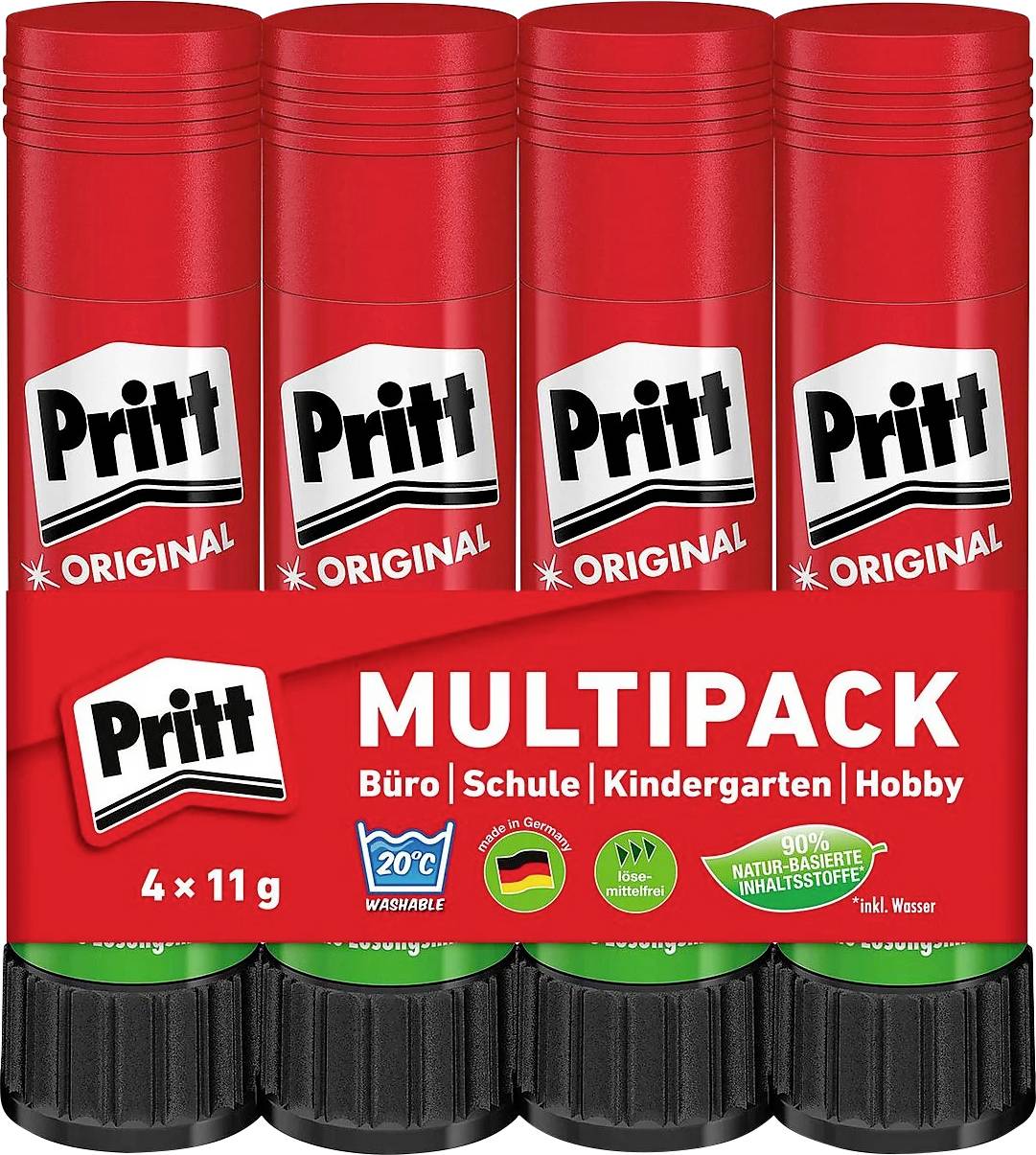 Štyri červené a čierne lepidlá Pritt v multibalení. Na obale je uvedené 'MULTIPACK', vhodné pre 'kanceláriu', 'školu', 'škôlku', 'hobby'.