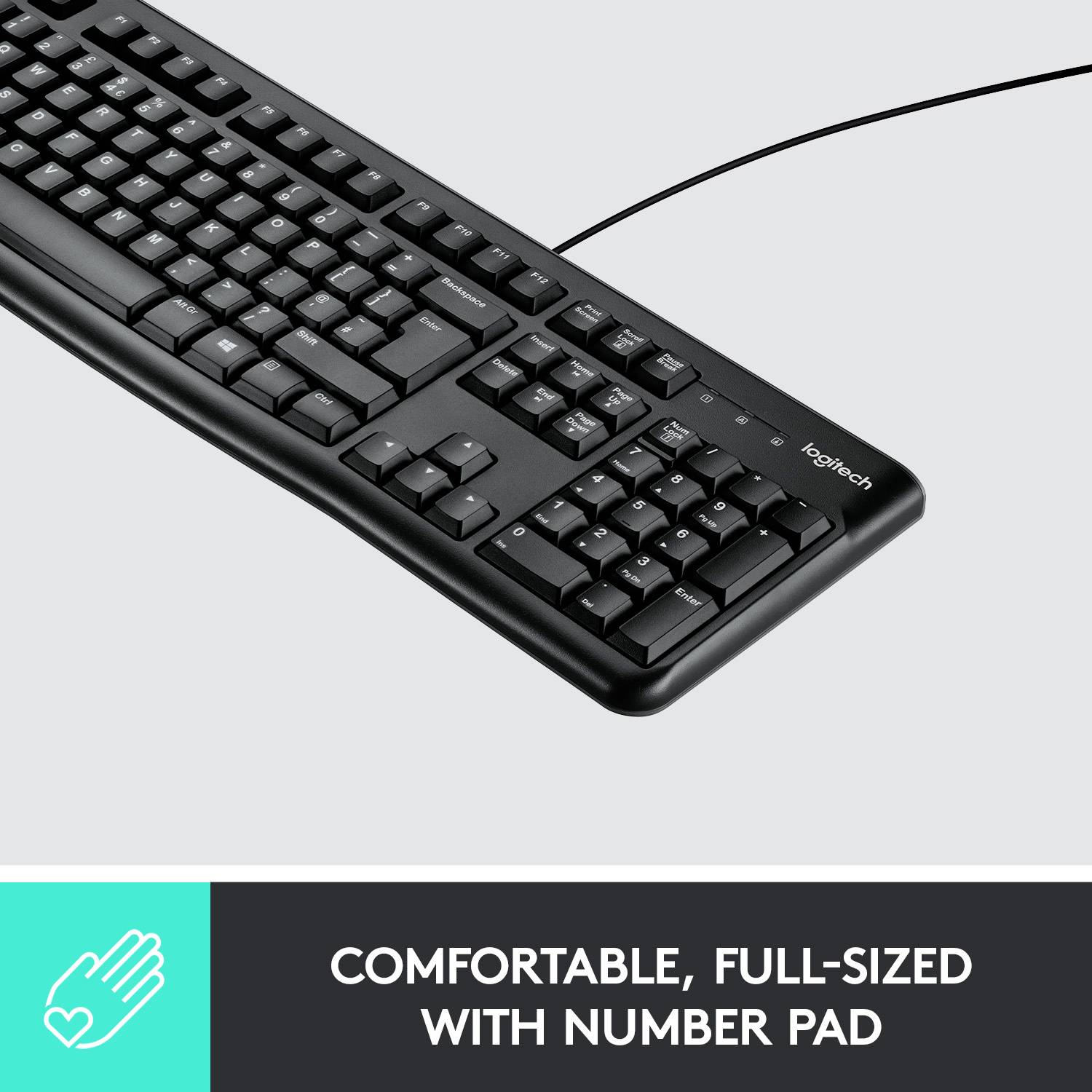 Čierna klávesnica značky Logitech so štandardným rozložením a numerickým blokom. Text pod ňou: 'Pohodlná, štandardná veľkosť, numerický blok'.