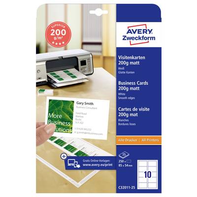 Balíček kancelárskeho papiera Avery Zweckform s viskóznym bielymi kartami 200 g/m² vhodnými na všetky tlačiarne, so vzorkami vytlačených kariet a tlačiarňou.