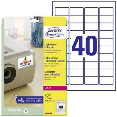 Etikety značky Avery Zweckform pre silné samolepiace etikety s 40 kusmi na hárok, navyše s upozornením nechať každú laserovú tlačiareň vychladnúť.