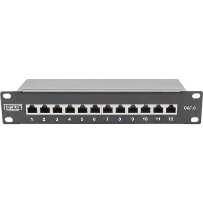Ethernetový patch panel s 12 portami RJ-45 v kovovom kryte, vhodný pre sieťové prepojenia kategórie 6.