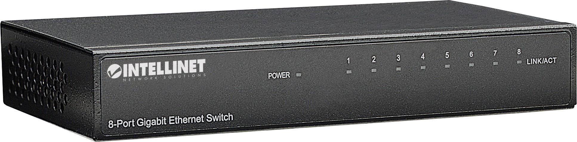 Osemportový gigabitový ethernetový switch od Intellinetu s LED indikátormi napájania a sieťovej aktivity.
