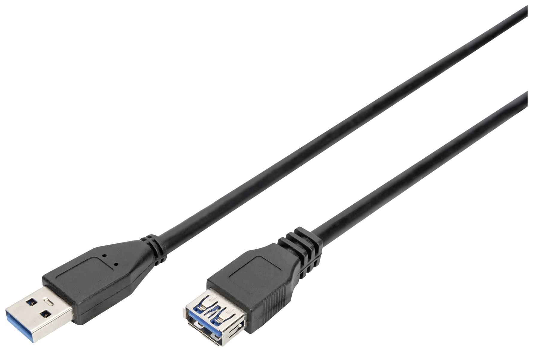 Čierne predlžovacie USB kábel s USB-A zástrčkou a USB-A zásuvkou na bielom pozadí.