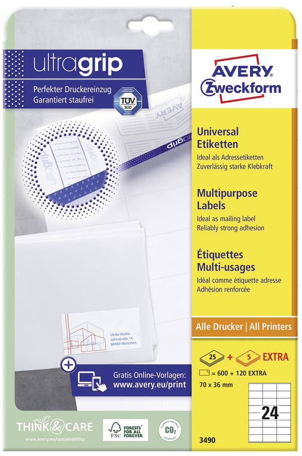Avery-Zweckform 3490  70 x 36 mm papier  biela 720 ks trvalé univerzálne etikety atrament, laser, kópie