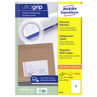 Avery Zweckform „ultragrip" univerzálne štítky balenie obsahujúce univerzálne prepravné štítky, silná priľnavosť, všetky tlačiarne, 210 x 297 mm, 25 + 5 extra listov.