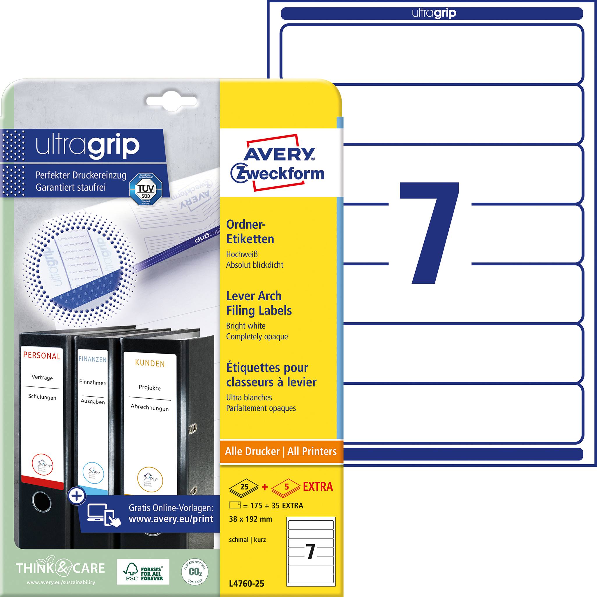 Etikety do zakladača 'Avery Zweckform' s dizajnom 'ultragrip'. Vhodné pre tlačiarne formátu DIN A4, etikety 40 x 175 mm. 25 hárkov.