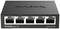 Sieťový prepínač D-Link DGS-105 s piatimi ethernetovými portami, indikačnými svetlami a čiernym krytom.