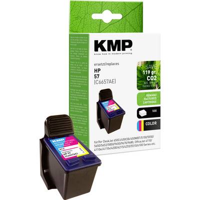 Atramentová kazeta značky KMP pre tlačiarne HP, model 57 (C6657AE), farebná, určená pre DeskJet, OfficeJet a PSC; 50g; obsahuje recyklované materiály.