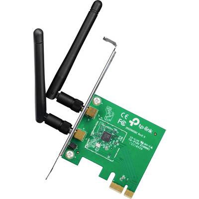 TP-Link bezdrôtový PCIe sieťový adaptér s dvoma čiernymi anténami pripevnenými na bielom pozadí.