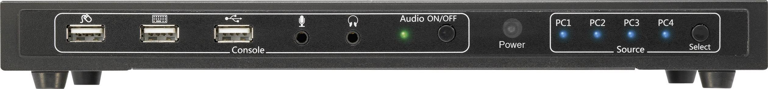 KVM prepínač s USB portami, audio vstupmi a LED indikátormi pre napájanie, zdroj a stav počítača.