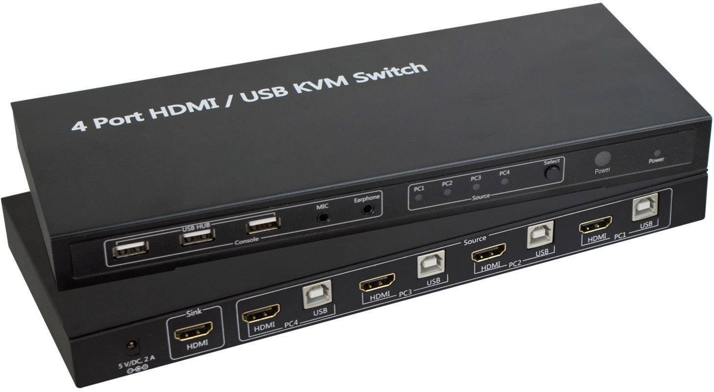 Čierny KVM prepínač so štyrmi HDMI a USB portami, ktorý umožňuje ovládať viacero počítačov pomocou jedného monitora, klávesnice a myši.