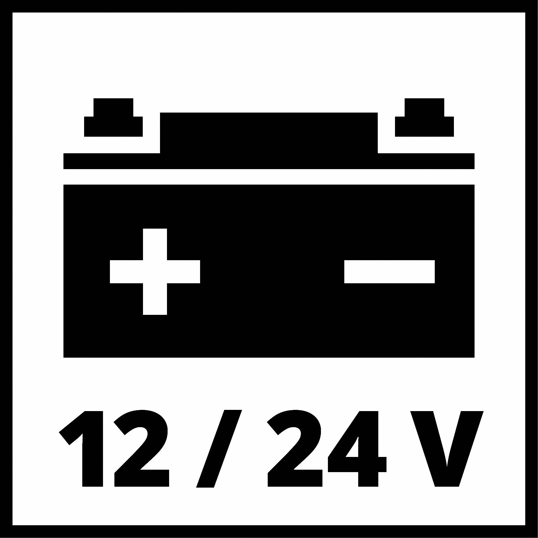 Symbol autobatérie so záporným a kladným pólom. Pod symbolom je uvedené '12 / 24 V', čo označuje napätie batérie.