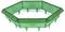 Zelený, šesťuholníkový plastový rám s textúrovanými povrchmi a logami na každom paneli. Rám má na svojej spodnej časti špicaté ostne.
