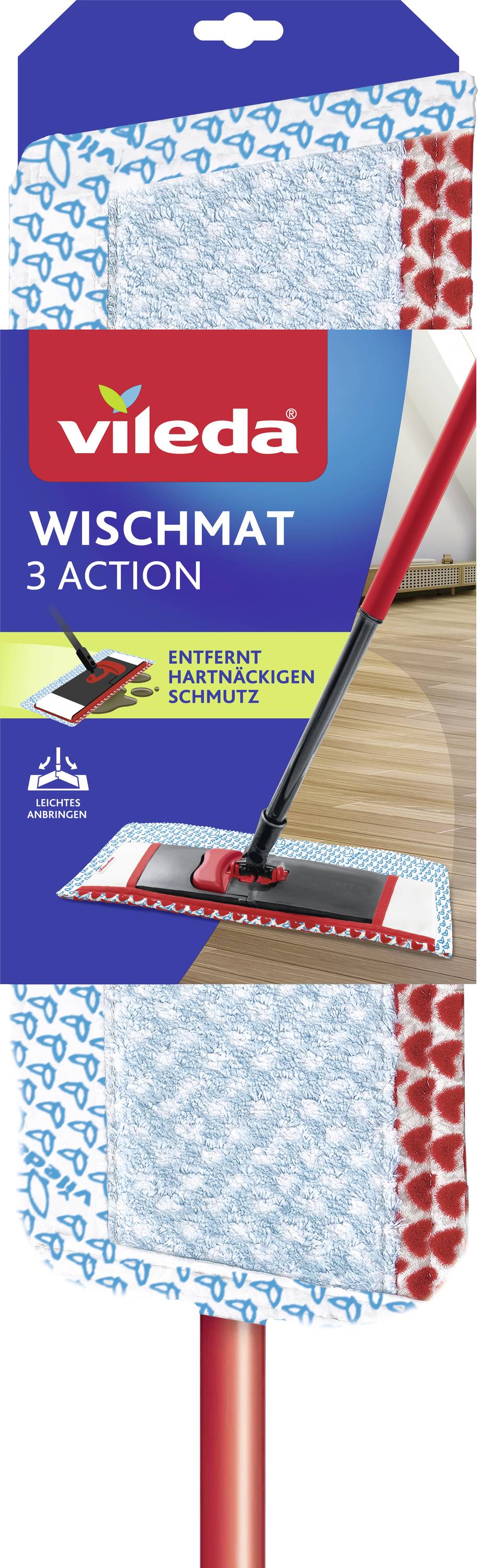 Balenie hlavice mopa Vileda Wischtmat 3 Action zobrazujúce plochý mop odstraňujúci nečistoty a špinu z podlahy.