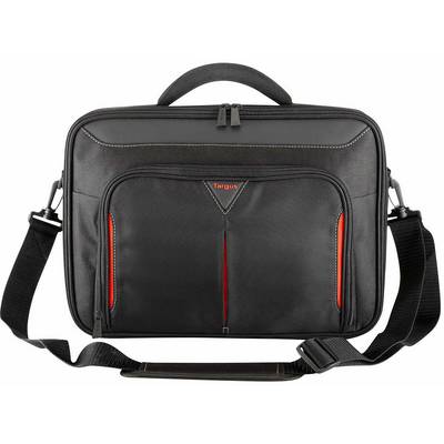 Čierna taška na laptop s rukoväťou a ramenným popruhom, výrazný červený detail v strede; vhodná pre obchodné účely.