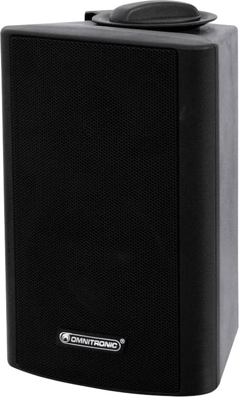Čierny reproduktor od OMNITRONIC s obdĺžnikovým dizajnom a zaoblenými rohmi, vhodný pre vnútornú ozvučovú techniku.