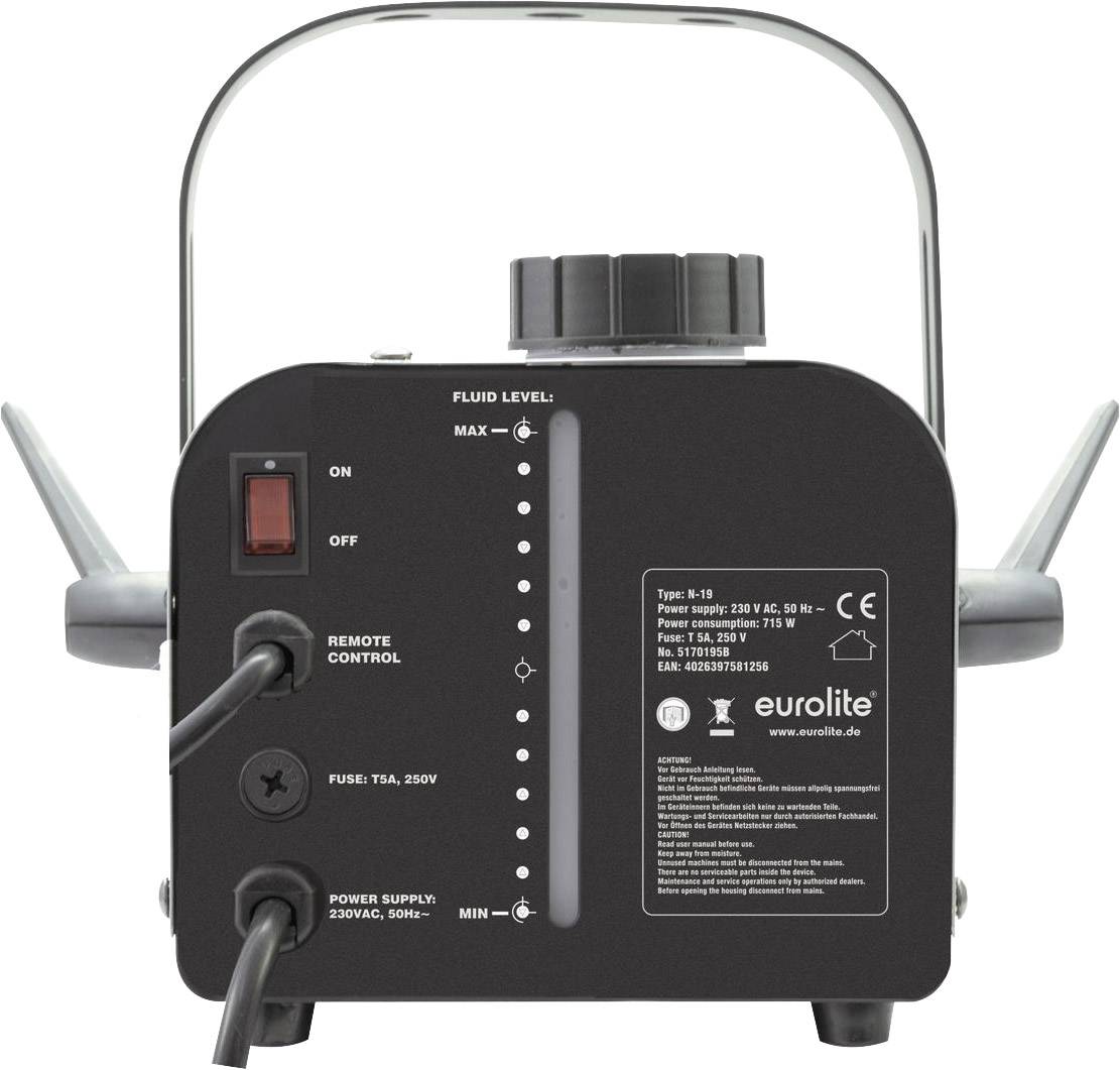 Hmlovací stroj Eurolite, model N-19, s vypínačom zapnutia/vypnutia, diaľkovým ovládaním, indikátorom hladiny kvapaliny a napájaním.