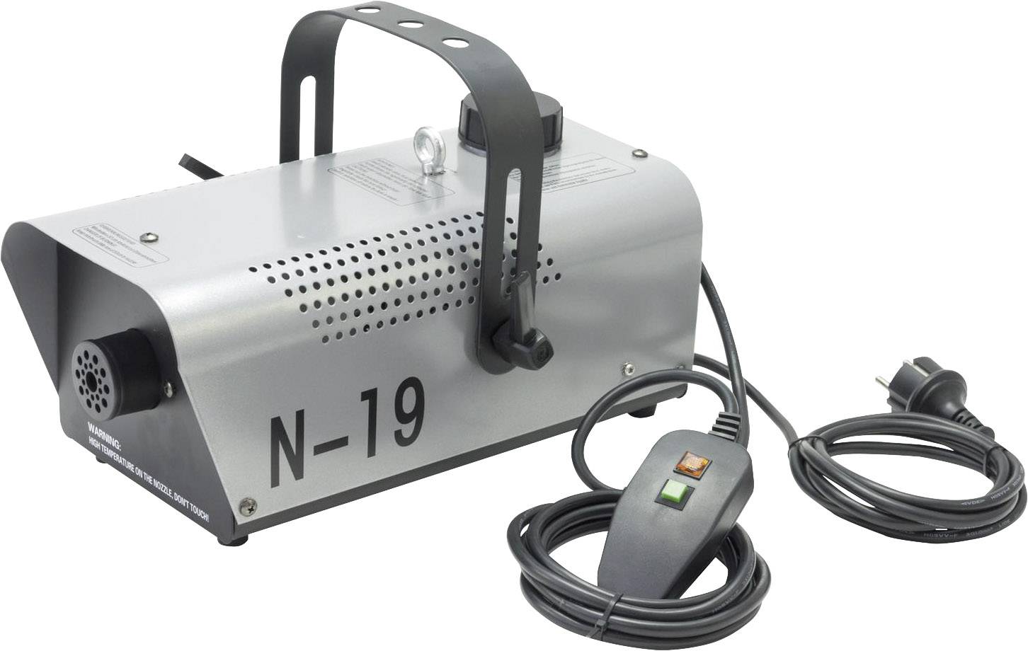 Strieborný výrobník hmly s nápisom 'N-19', napájací kábel a diaľkový ovládač s dvoma prepínačmi.