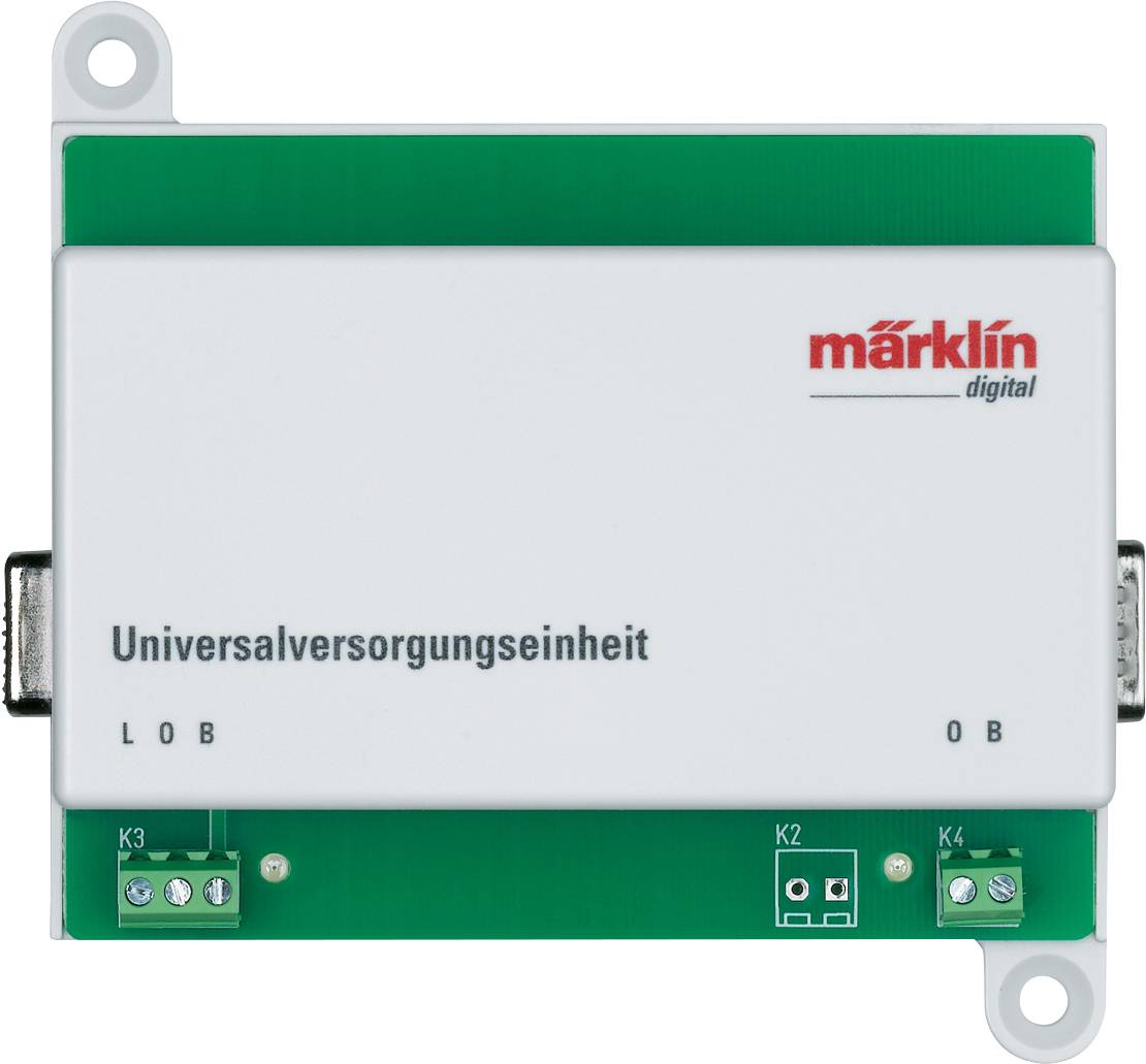 Univerzálna napájacia jednotka zariadenia Märklin Digital, zobrazujúca prípojky K3, K4, L, B, O, B.