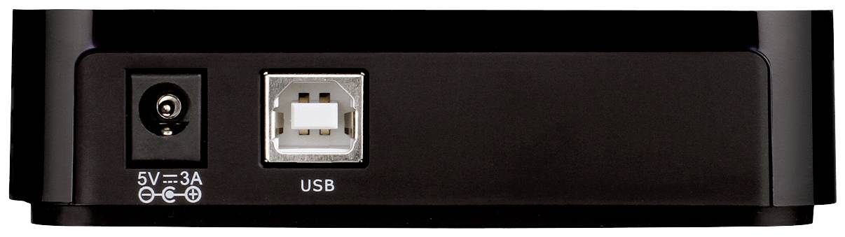 Zadná strana elektronického zariadenia s napájacím konektorom na ľavej strane a USB konektorom na pravej strane.