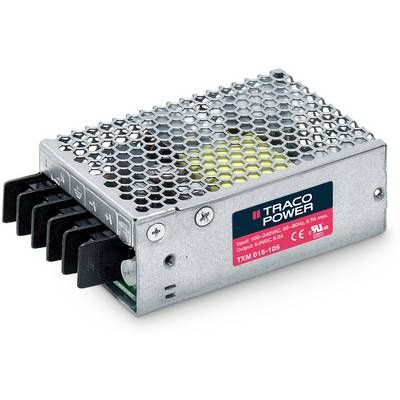Napájací zdroj Traco Power s modelovým číslom 'TXM 015-105' umiestnený na kovovom kryte, vhodný pre priemyselné aplikácie.