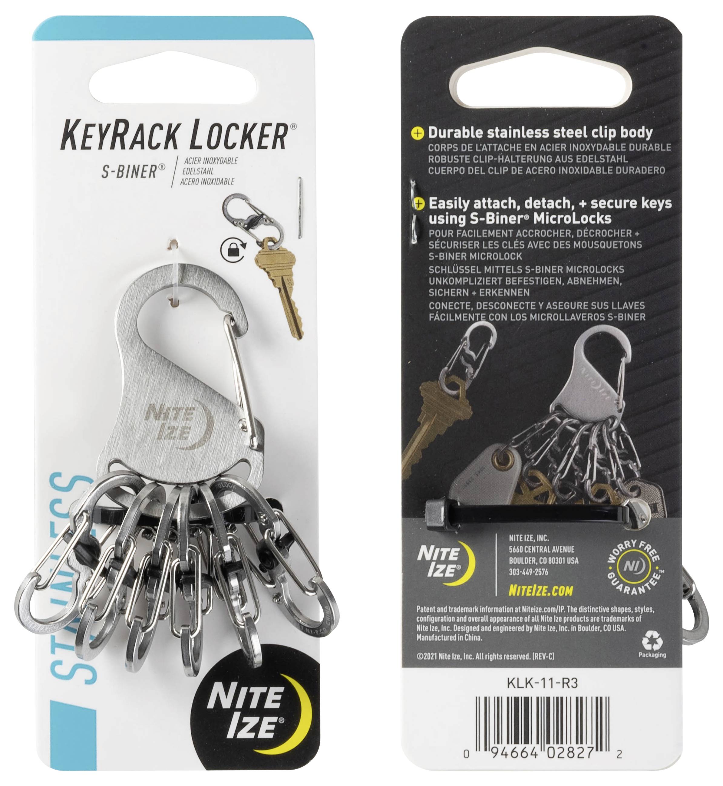 Predná a zadná strana obalu pre 'KeyRack Locker' od spoločnosti Nite Ize, zobrazujúca nerezovú sponku s niekoľkými S-karabínkami určenými na zavesenie kľúčov.