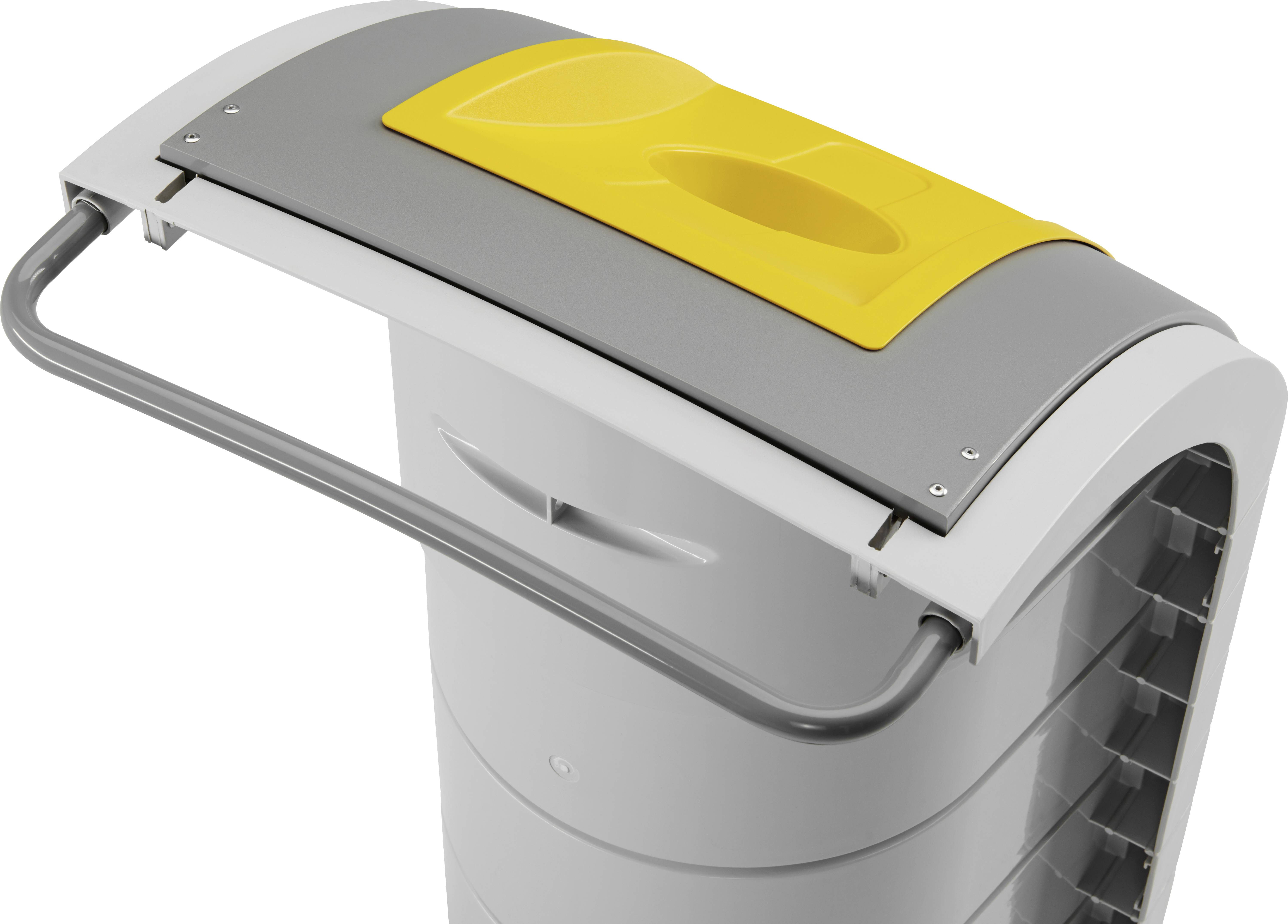 Šedý odpadkový kôš so žltým vekom, s bočnou rukoväťou, moderného dizajnu. Ideálny do interiéru.