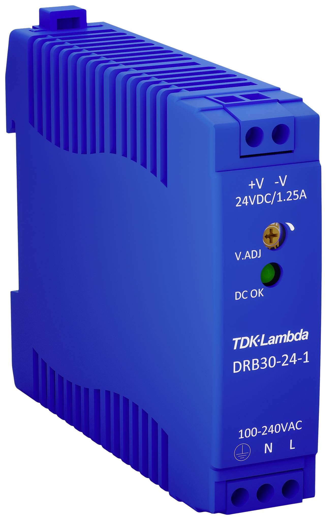 Modrý napájací modul TDK-Lambda s označeniami pre nastavenie napätia, LED indikátorom stavu DC a vstupnými konektormi.