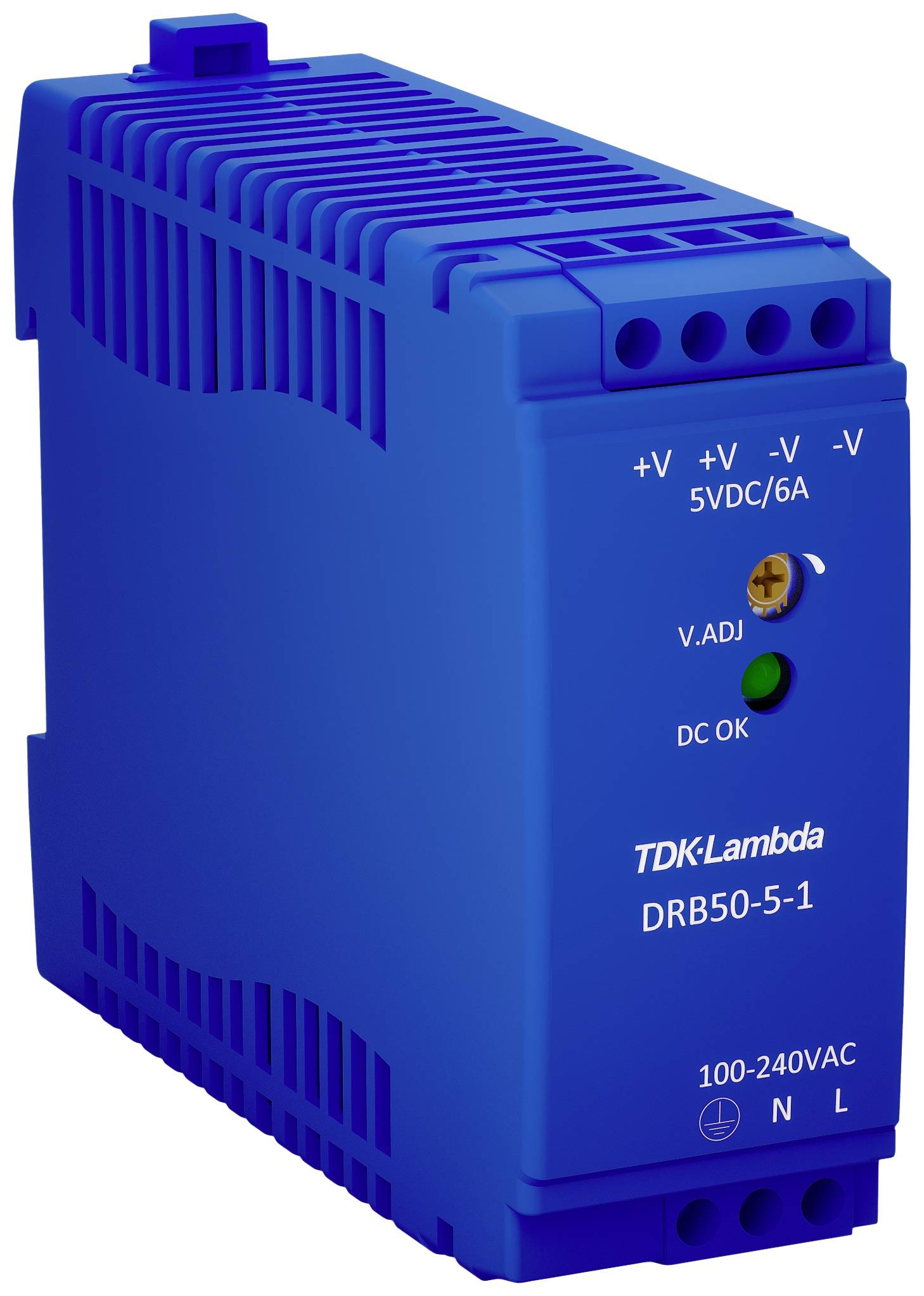 Modrý napájací modul TDK-Lambda, model DRB50-5-1, zobrazuje vstupy a výstupy pre energeticky úsporný elektrický dizajn.