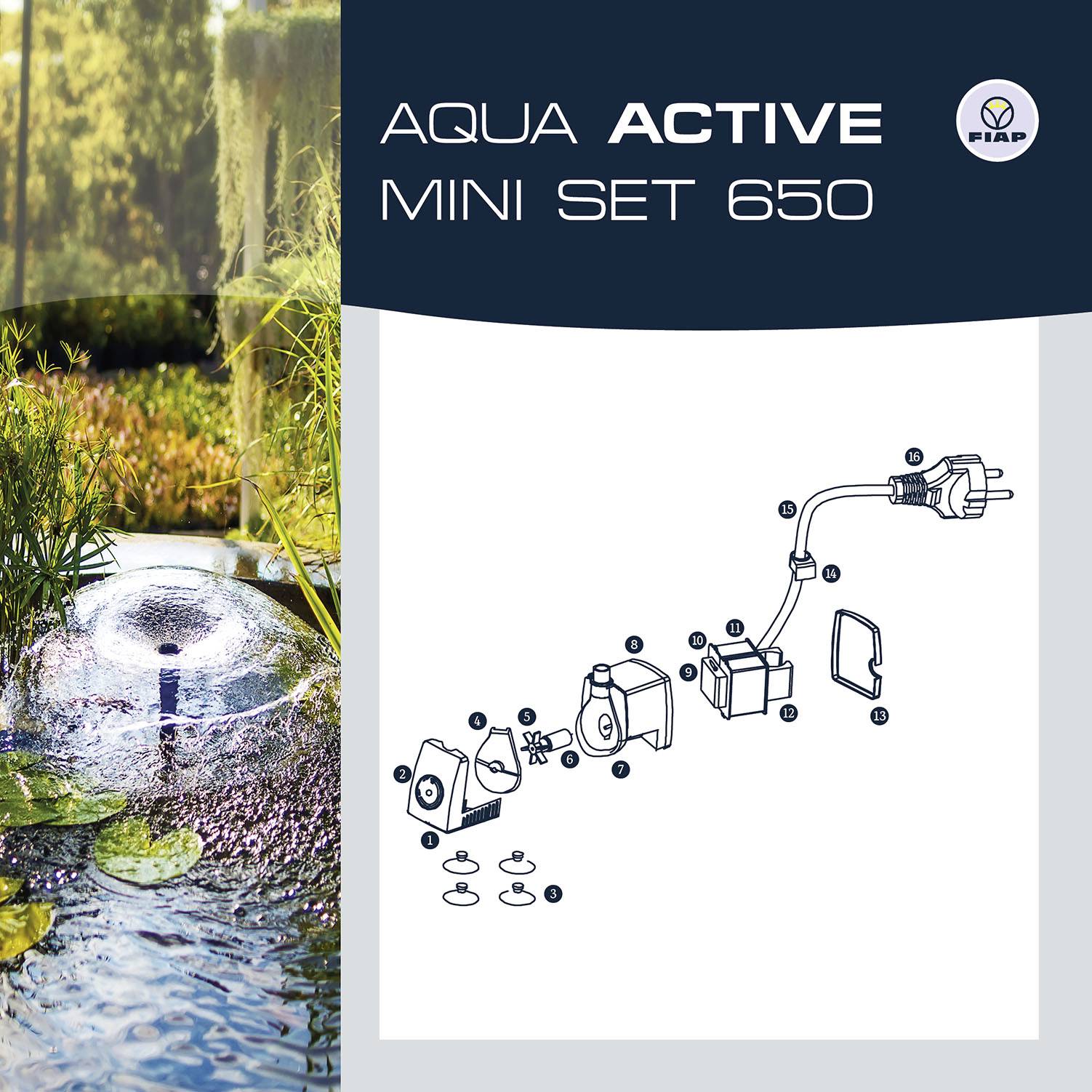 Príklad použitia 'Aqua Active Mini Set 650': Mini fontána s vodným čerpadlom. Diagram znázorňuje súčasti čerpadla a montáž.