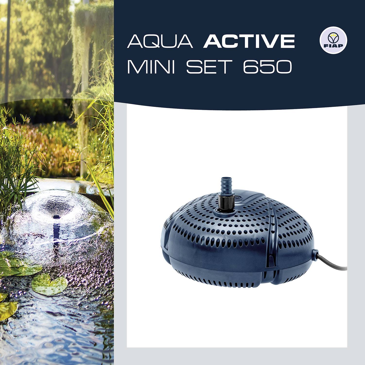 Čerpadlo Aqua Active Mini Set 650 v prevádzke vedľa jazierka. Text: 'Aqua Active Mini Set 650'. Obsahuje logo FIAP.