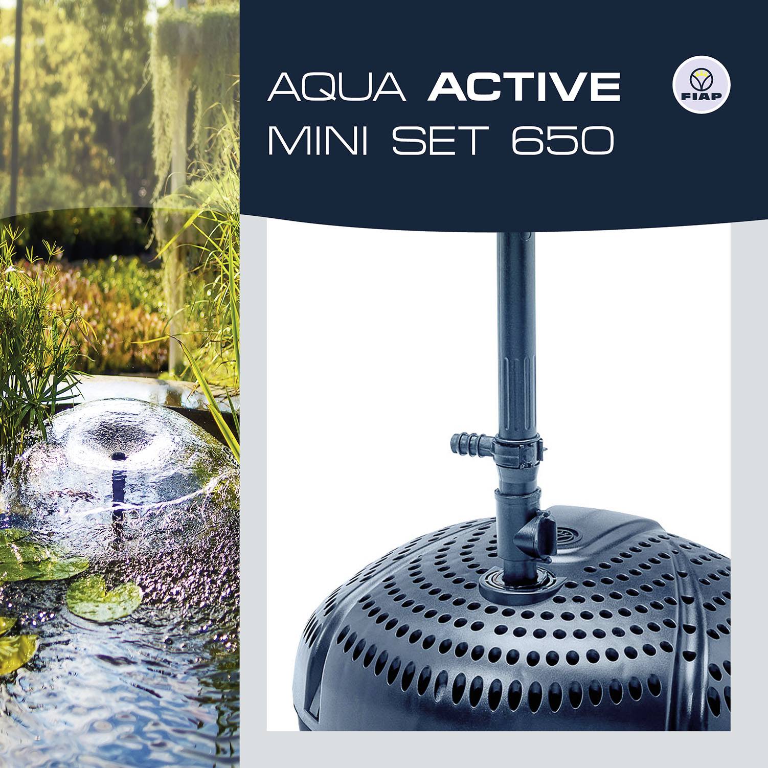 'FIAP Aqua Active Mini Set 650' znázornený, pozostávajúci z čerpadlového systému v prirodzenom vodnom prostredí s rastlinami.