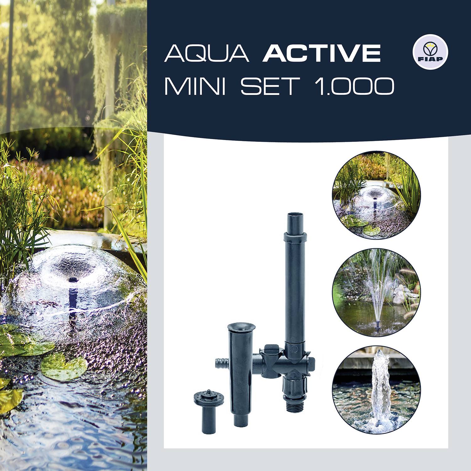 'Záhradné jazierko so striekajúcou fontánou: Aqua Active Mini Set 1.000. Na obrázku sú fontány a príslušenstvo.'