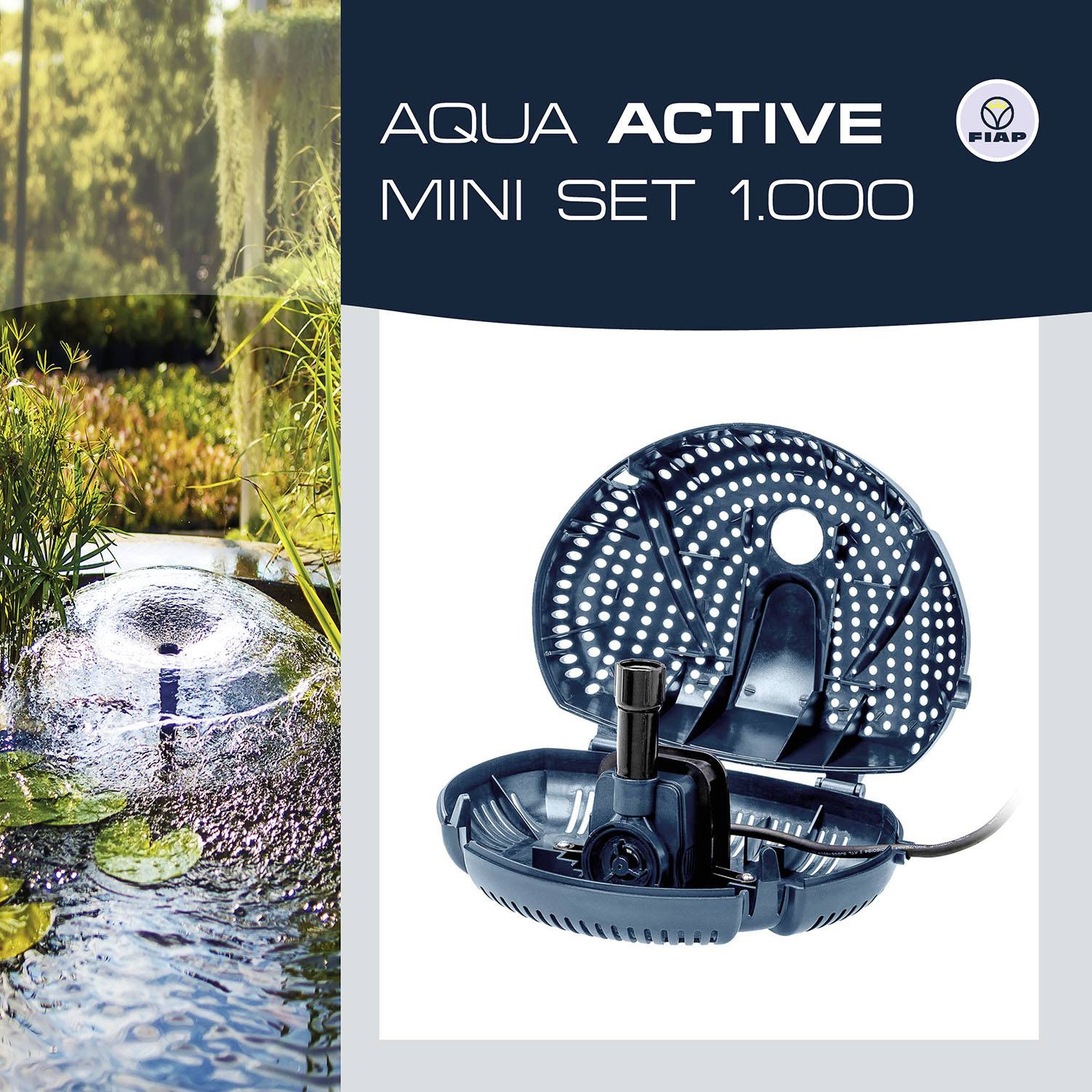 Produktová fotografia: 'Aqua Active Mini Set 1.000' od FIAP, zobrazuje kompaktnú modrú vodnú pumpu vedľa jazierka s periacou vodou.