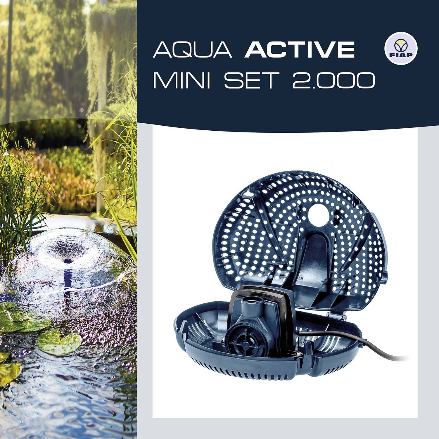 'Aqua Active Mini Set 2.000' Filtračná sada pre jazierkové systémy, s obrázkom filtra a perlivého vodného prameňa v záhrade.
