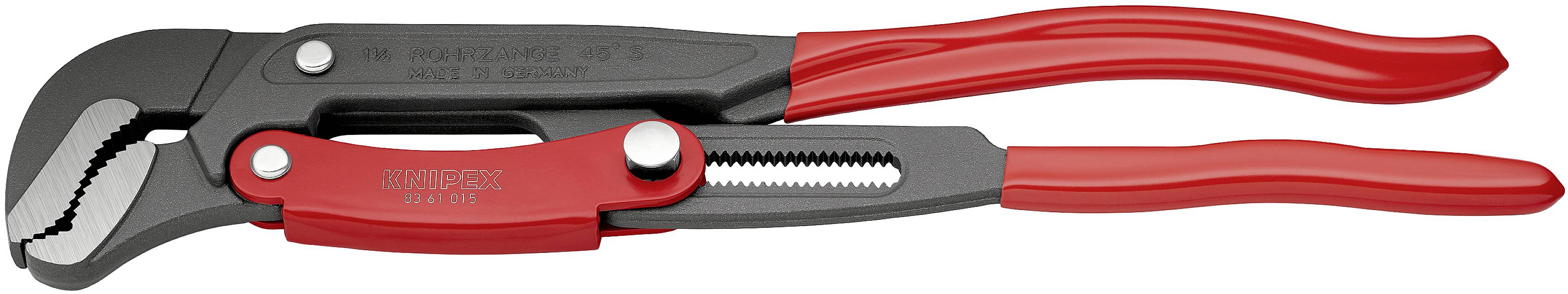 Červené inštalatérske kliešte s nastaviteľnou svorkou, vhodné na uchopenie a otáčanie potrubia alebo okrúhlych predmetov.