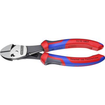 Pár bočných štíp Knipex s ergonomickými rukoväťami v červenej a modrej farbe, na ktorých je na boku vyznačené číslo modelu a text "Patented cap. Piano ø 3 mm".