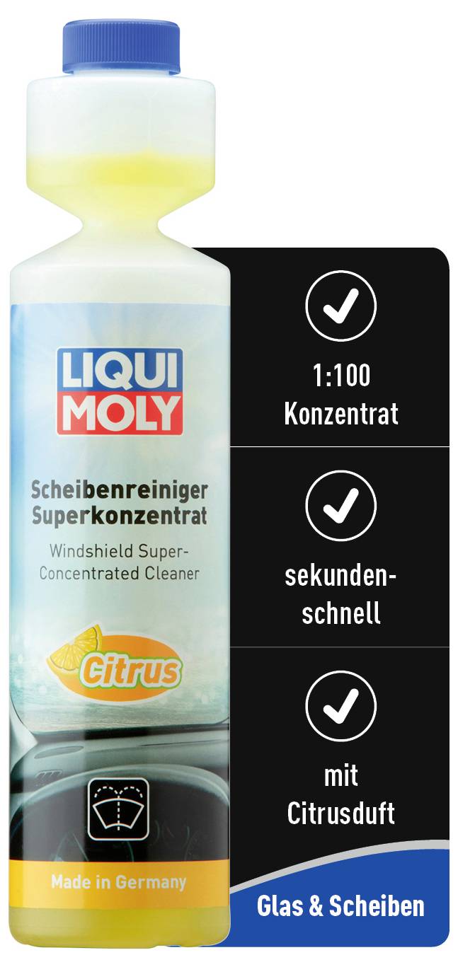 'LIQUI MOLY Čistič skla Superkoncentrát Citrón' fľaša s čiernou etiketou. Vlastnosti: 1:100 koncentrát, mimoriadne rýchly, s vôňou citrónu. Vhodný na sklo a sklené povrchy. Vyrobené v Nemecku.