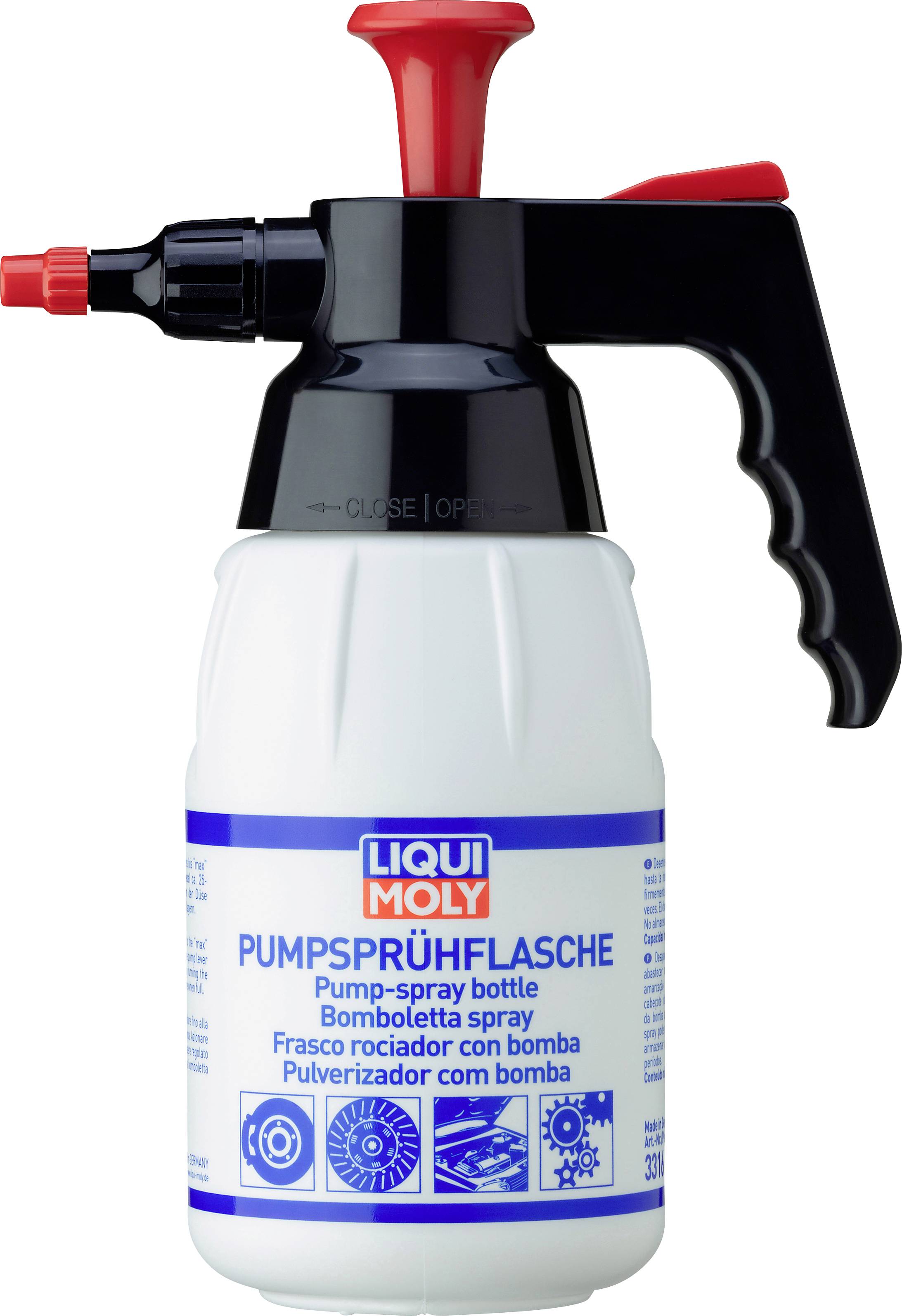 Biela tlaková rozprašovacia fľaša s čiernou rukoväťou a červeným rozprašovačom. Fľaša je potlačená logom a popisom produktu spoločnosti Liqui Moly.