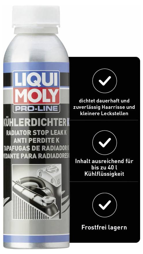 Fľaša obsahuje 'Liqui Moly Utesnenie chladiča K', ktorý utesňuje netesnosti. Na fľaši sú uvedené funkcie a pokyny.