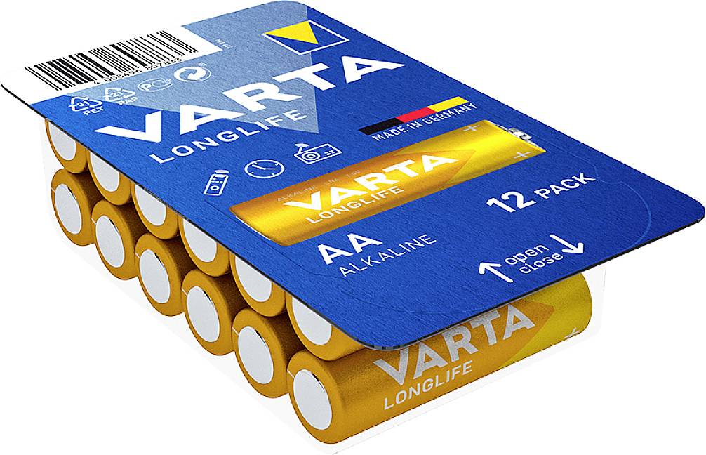 'VARTA LONGLIFE' AA alkalické batérie v balení po 12 kusoch, modrý obal so žltými batériami, nápis 'Vyrobené v Nemecku'.