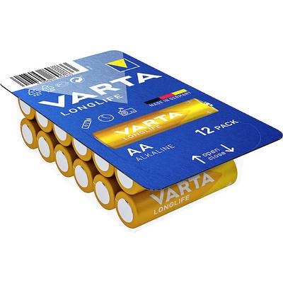 'VARTA LONGLIFE' AA alkalické batérie v balení po 12 kusoch, modrý obal so žltými batériami, nápis 'Vyrobené v Nemecku'.