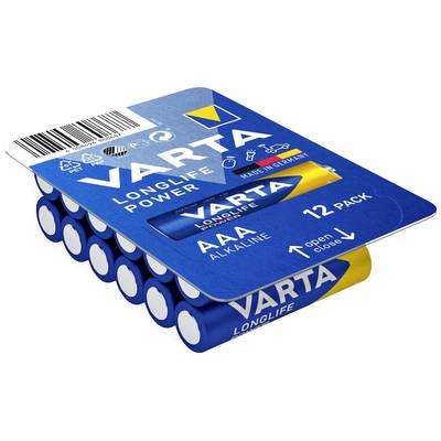 'Varta Longlife Power' AAA alkalické batérie, balenie po 12 kusov, balenie v modrej a žltej farbe s čiarovým kódom a symbolmi recyklácie.